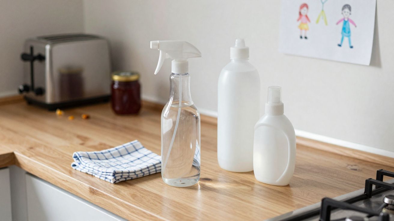 Frascos de produtos de limpeza e pano sobre bancada de madeira numa cozinha com torradeira e desenho na parede.