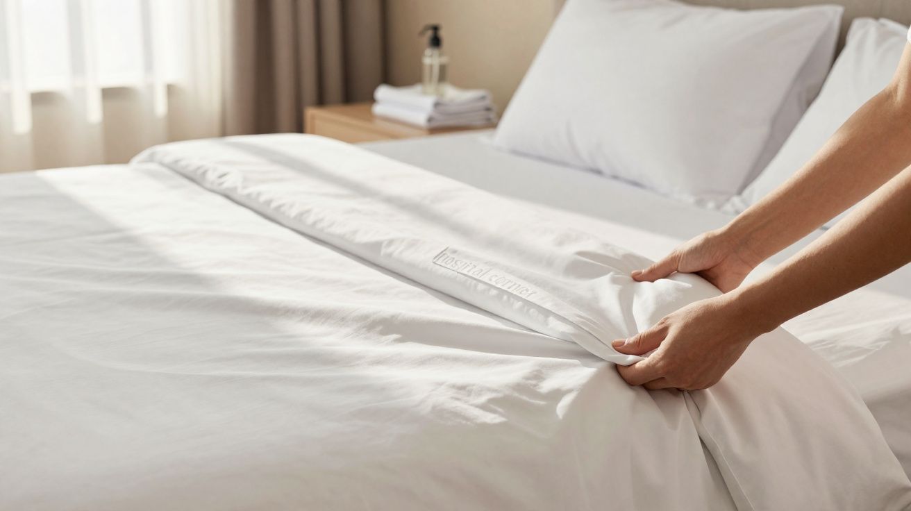 Mãos a esticar um lençol branco numa cama com travesseiros e luz suave a entrar pela janela.