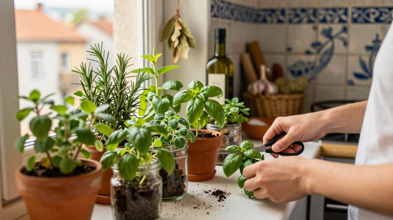 Mãos a cortar ervas aromáticas frescas em vasos na janela de uma cozinha luminosa e decorada.
