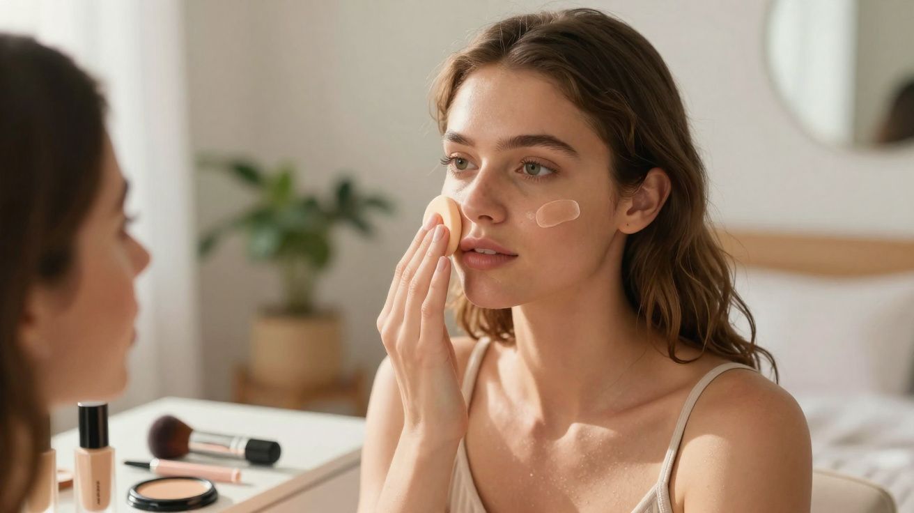 Mulher a aplicar maquilhagem com esponja em frente ao espelho num quarto iluminado.