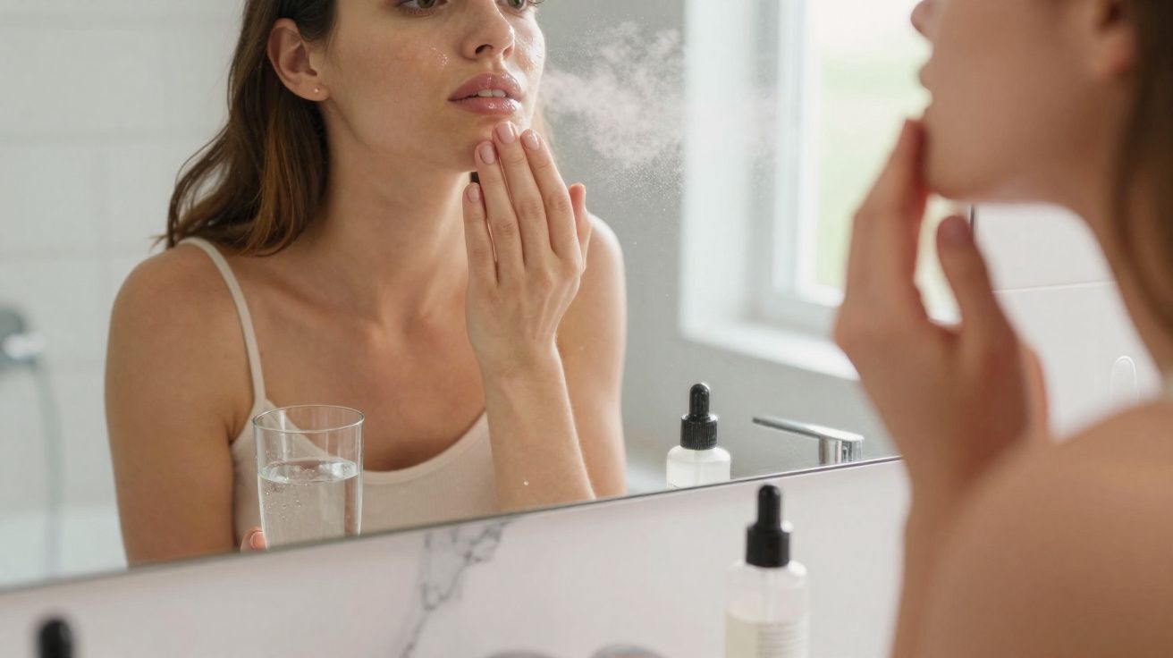 Mulher aplica sérum facial em frente ao espelho segurando um copo de água no banheiro iluminado.