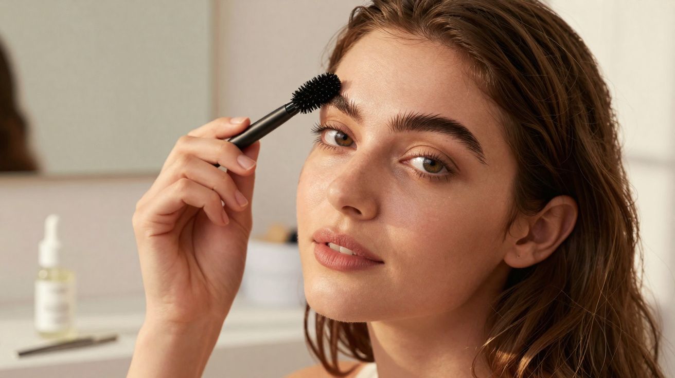Mulher com pele natural a pentear as sobrancelhas com escova do rímel, num ambiente de maquilhagem.