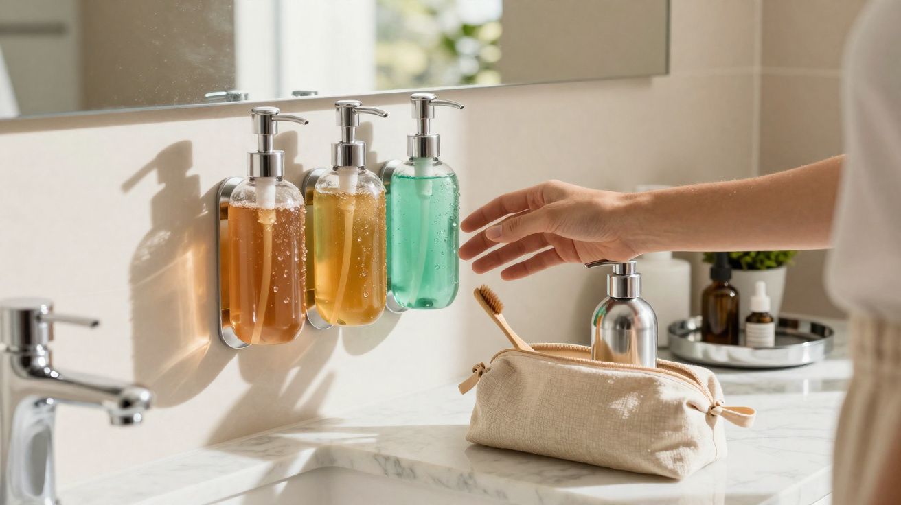 Mãos a usar dispensadores de sabonete líquido num lavatório moderno com escova de dentes e nécessaire.