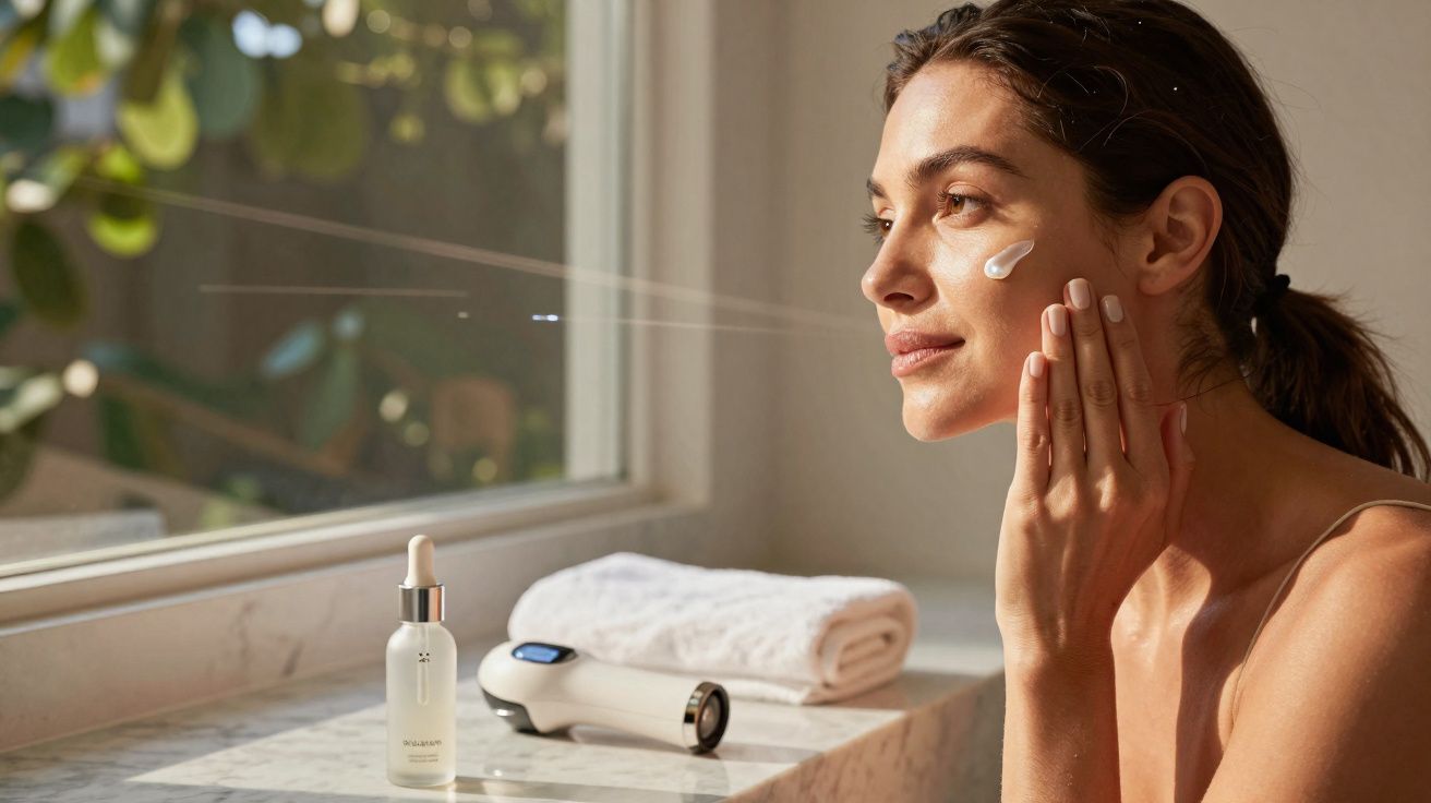 Mulher aplicação creme no rosto junto a frasco de sérum, toalha e dispositivo facial numa janela iluminada.