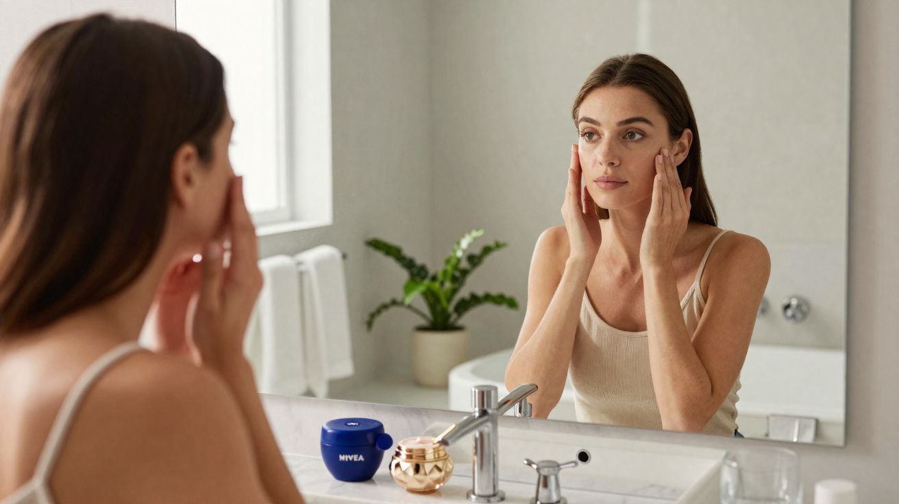 Mulher aplica creme no rosto em casa, olhando-se ao espelho na casa de banho iluminada.