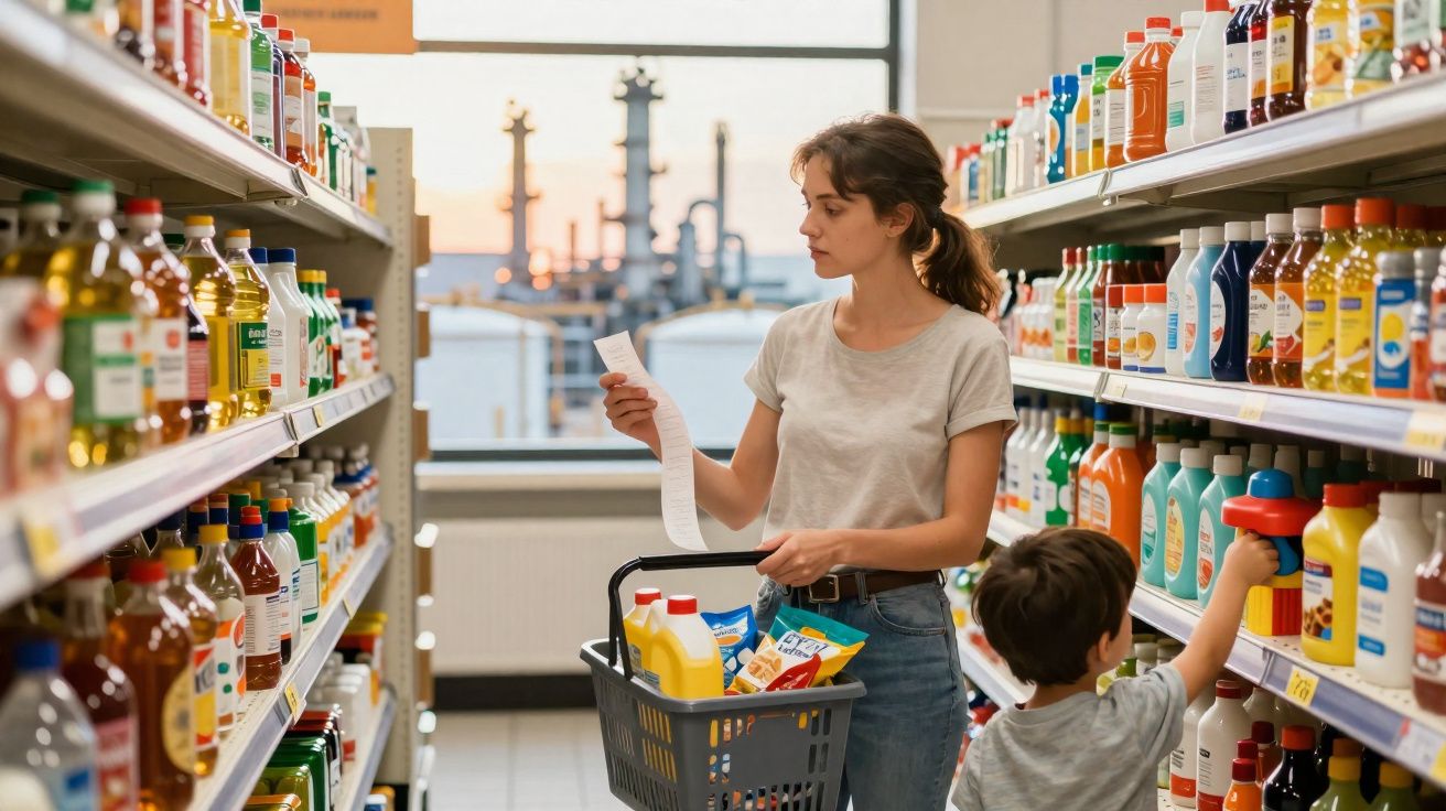 Mulher com criança faz compras num supermercado, segurando cesto e olhando lista de compras.