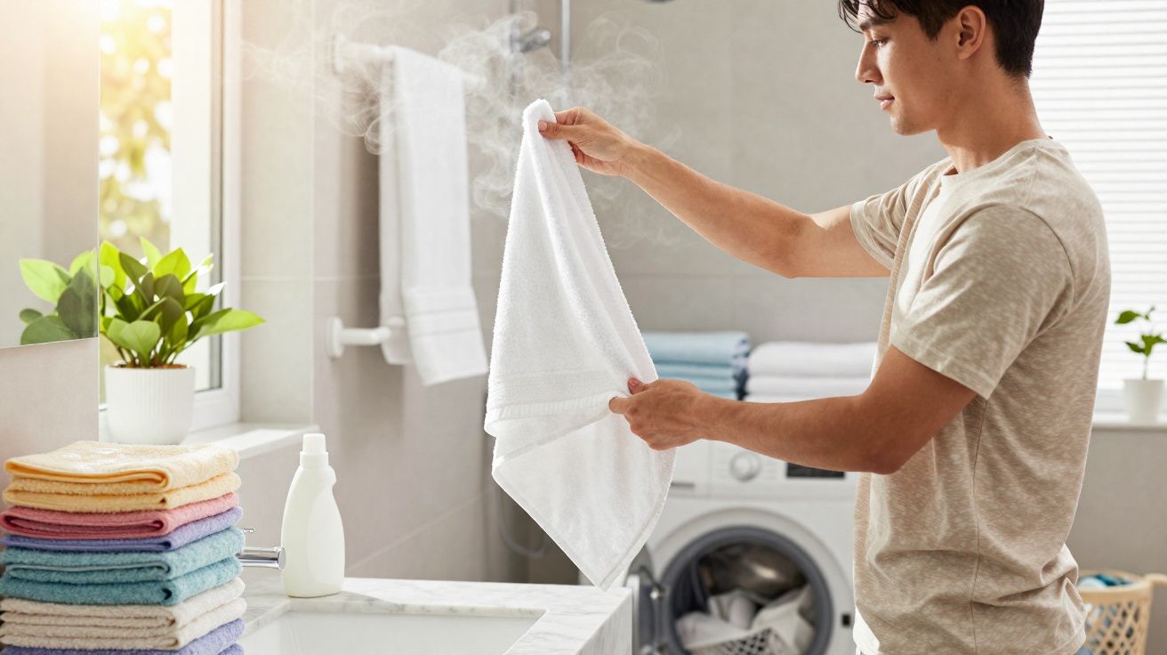 Homem a tirar toalha quente e a vapor da máquina de lavar na casa de banho luminosa.
