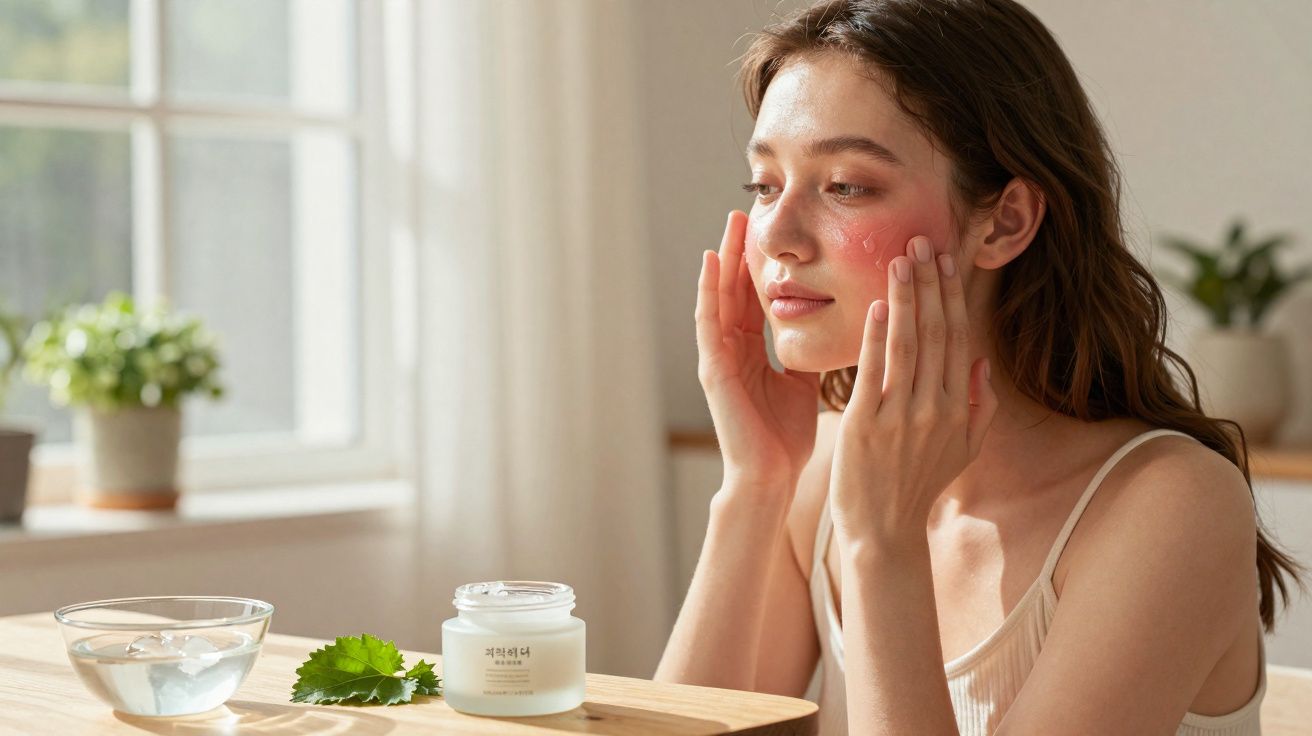Mulher aplica creme hidratante no rosto num ambiente luminoso e calmo, com jarra de água e folhas verdes na mesa.