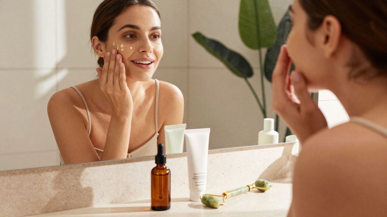 Mulher a aplicar creme facial em frente ao espelho numa casa de banho iluminada.