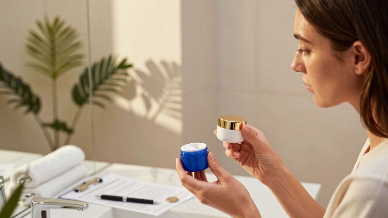 Mulher a examinar dois frascos de creme num ambiente de casa de banho com plantas ao fundo.