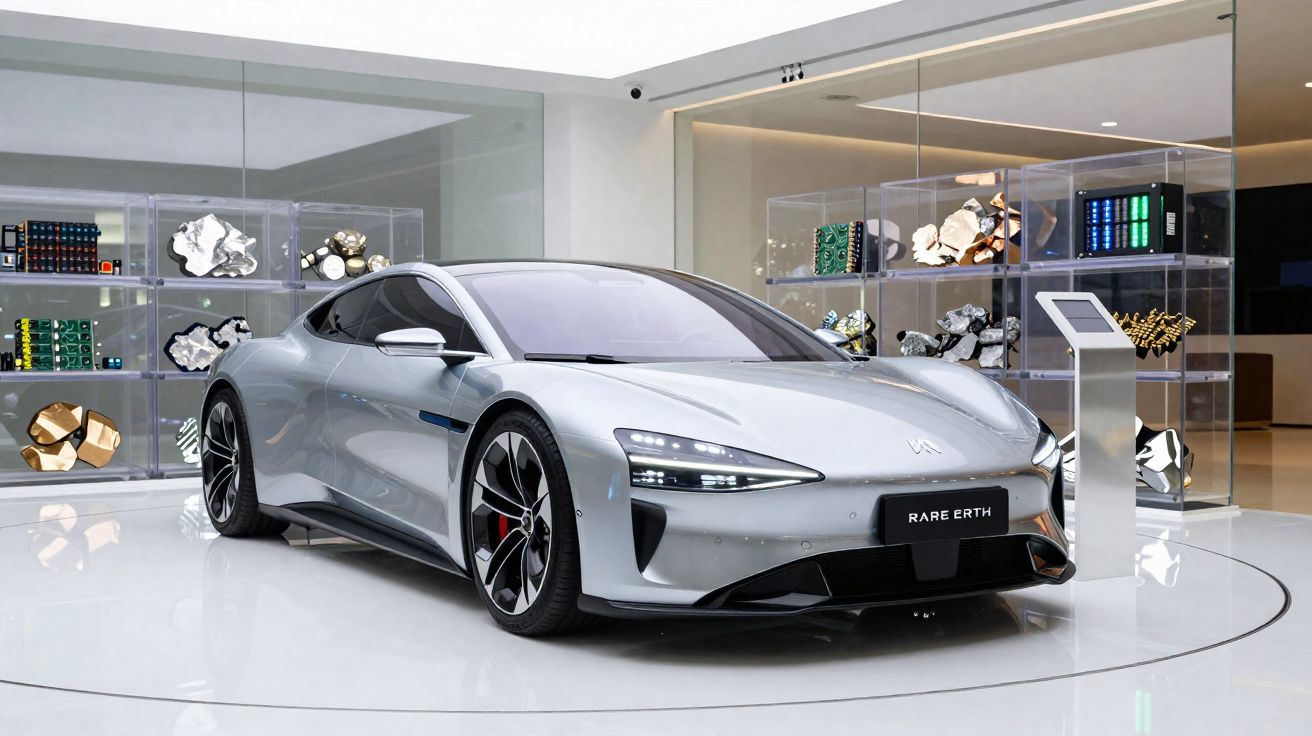 Carro elétrico prata futurista exposto num espaço moderno e minimalista com objetos decorativos ao fundo.