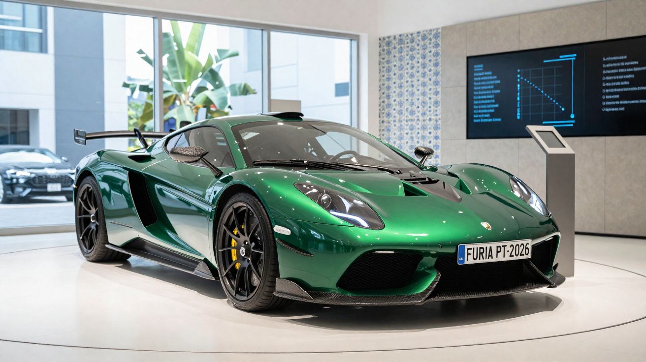 Carro desportivo verde metálico com spoiler traseiro exposto em showroom moderno e iluminado.