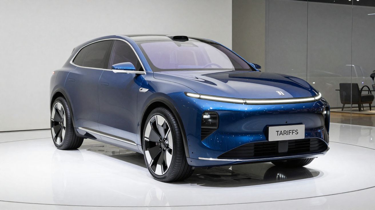 Carro elétrico azul com design moderno exposto em plataforma branca num salão automóvel.