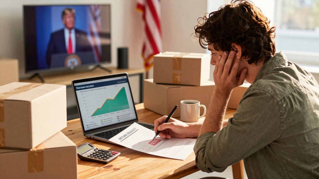 Homem sentado a analisar gráficos no computador, com caixas de encomenda à sua volta, numa sala com TV ligada ao fundo.