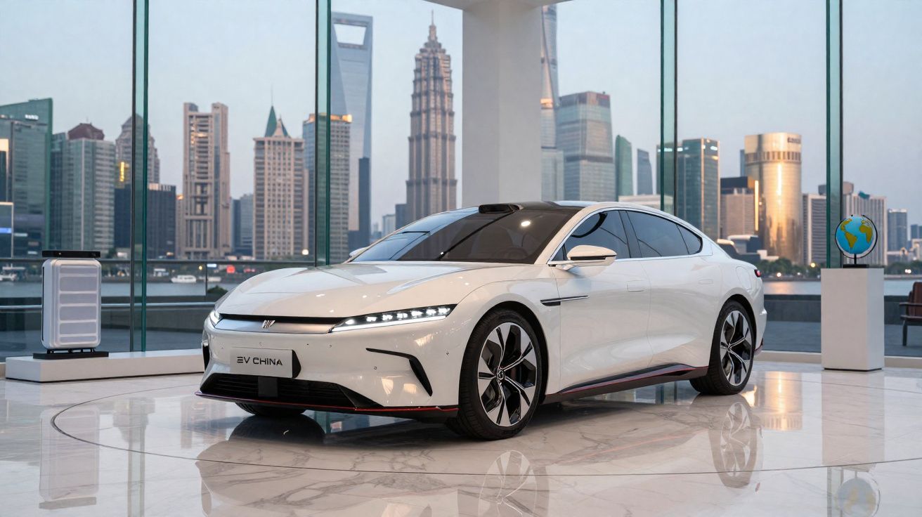 Carro elétrico branco exposto em salão moderno com vista urbana ao fundo, em ambiente iluminado.