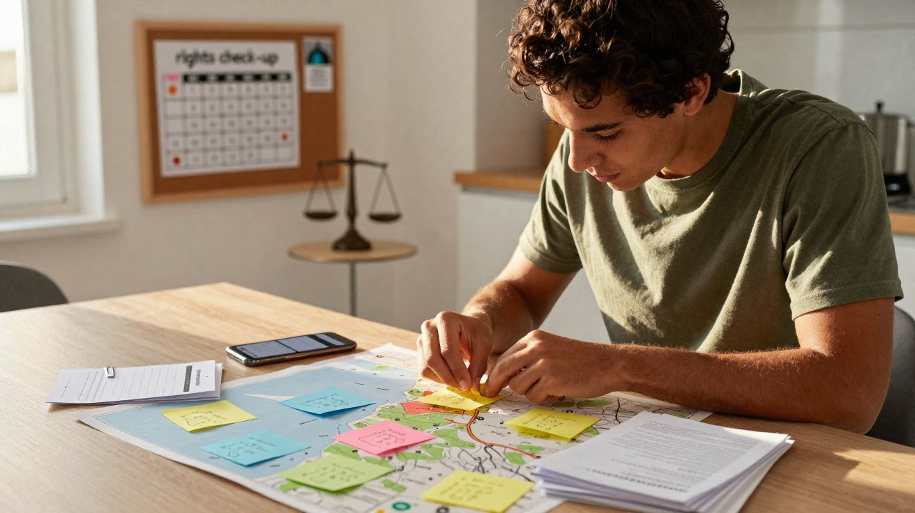 Homem a organizar notas autocolantes coloridas num grande mapa sobre uma mesa numa sala iluminada.