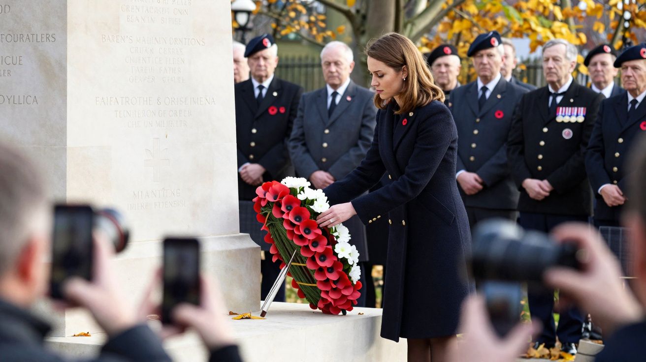 Mulher coloca coroa de flores em memorial, rodeada por veteranos e fotógrafos em cerimónia ao ar livre.