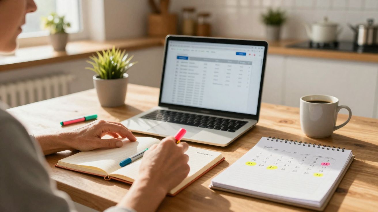 Pessoa a marcar notas num caderno enquanto consulta calendário e computador portátil numa mesa de madeira.