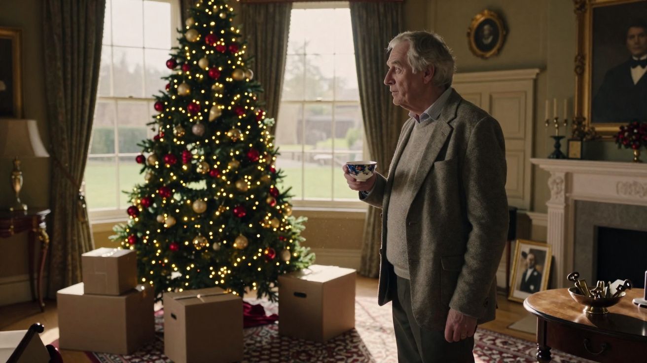 Homem idoso de casaco a beber chá ao lado de uma árvore de Natal decorada com luzes e bolas douradas e vermelhas.