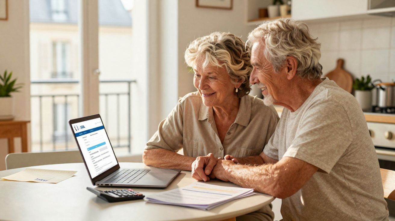 Casal sénior a sorrir enquanto consulta documentos financeiros num portátil numa cozinha moderna.