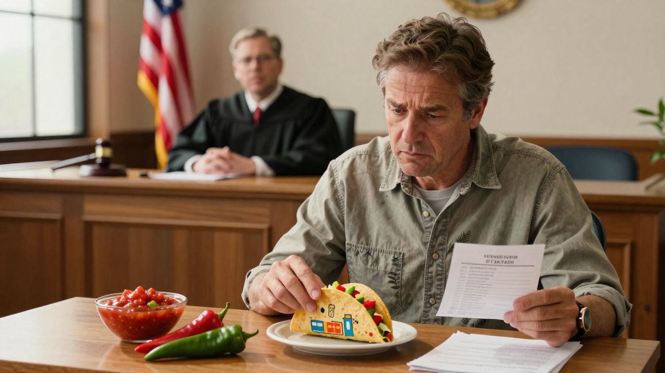 Homem sentado à mesa no tribunal com taco e documento, juiz ao fundo desfocado.