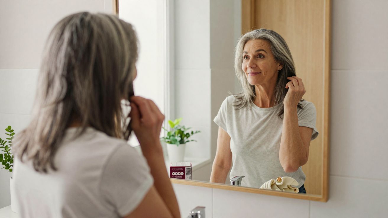 Mulher de cabelos grisalhos a cuidar da pele enquanto se olha ao espelho numa casa de banho iluminada.