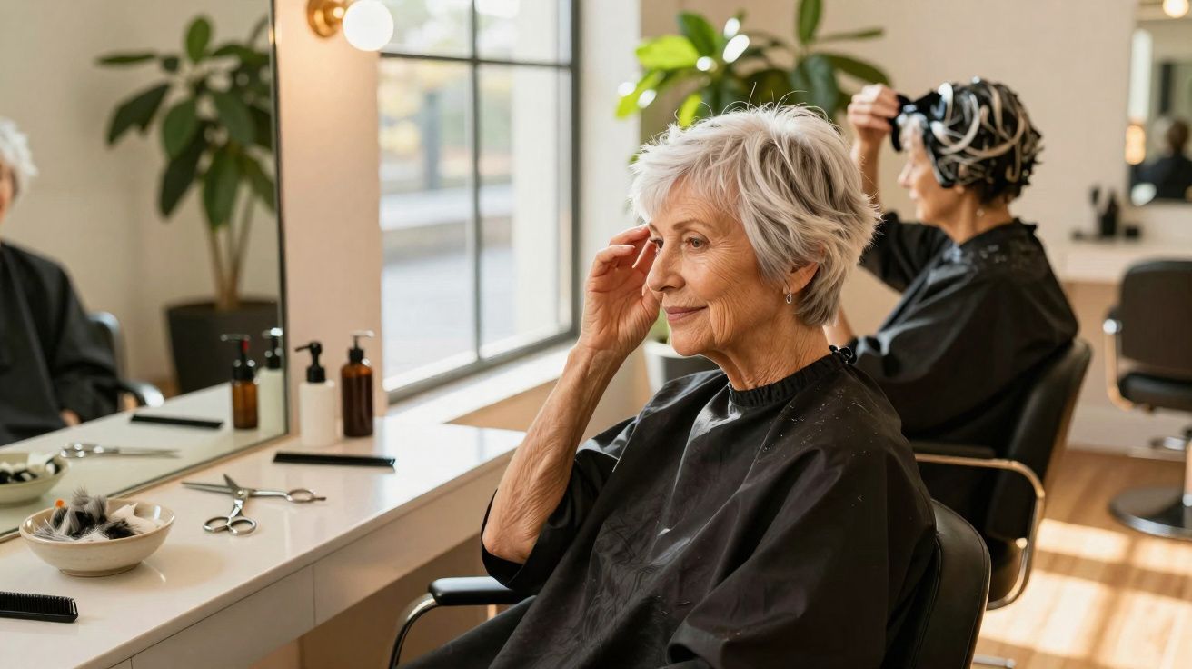 Duas mulheres séniores sentadas em cadeiras de cabeleireiro numa sala iluminada e moderna.