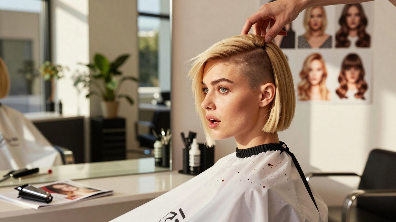 Mulher com cabelo loiro curto e lateral rapada é penteada por cabeleireiro em salão moderno.