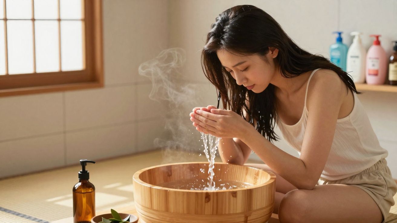 Mulher com roupa clara lava o rosto com água quente num ambiente luminoso e minimalista.