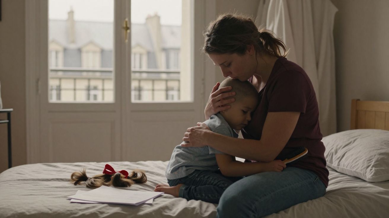 Mulher conforta criança com cabeça rapada sentada com livros numa cama iluminada pela janela.
