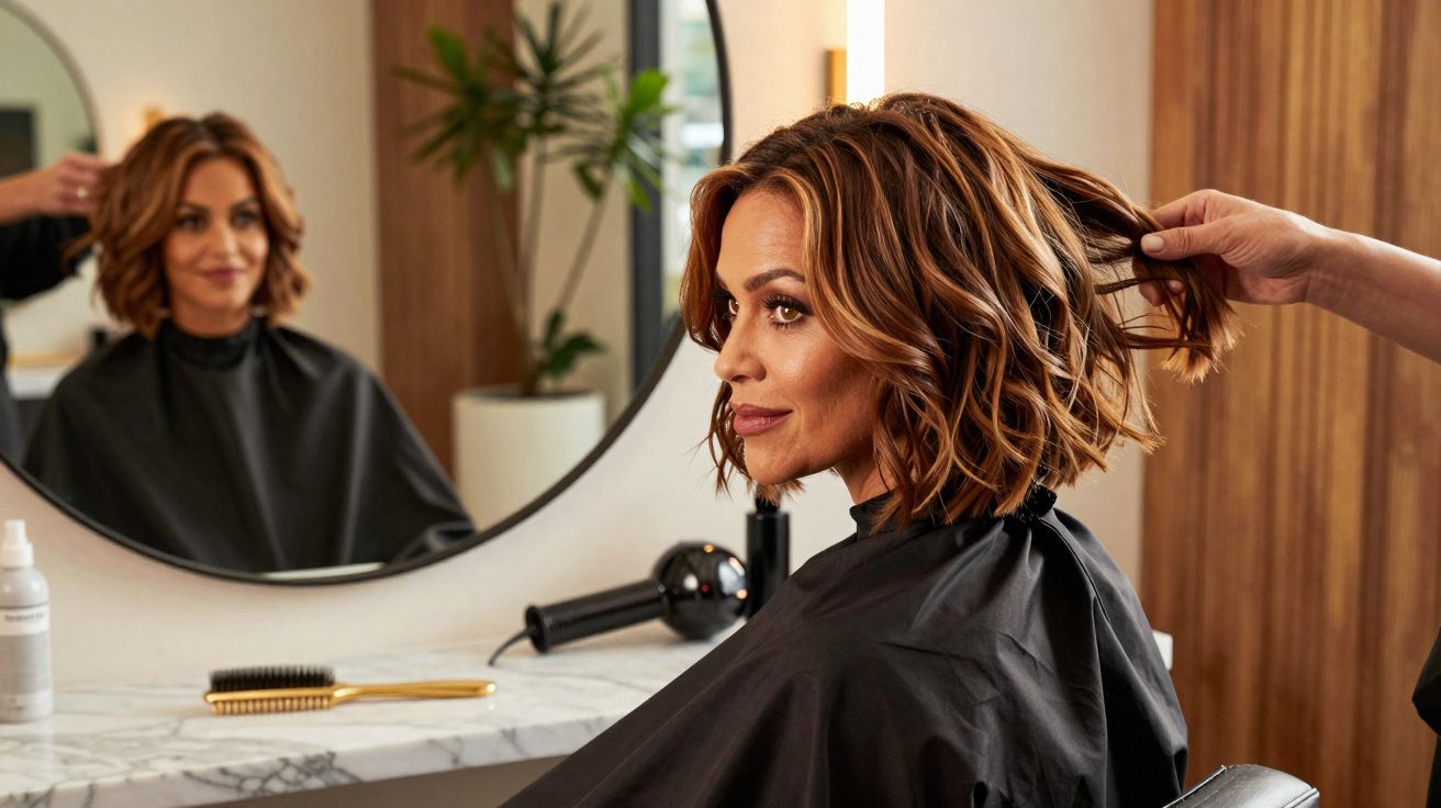 Mulher com cabelo ondulado curto a ser penteada num salão de cabeleireiro, com espelho e produtos ao fundo.