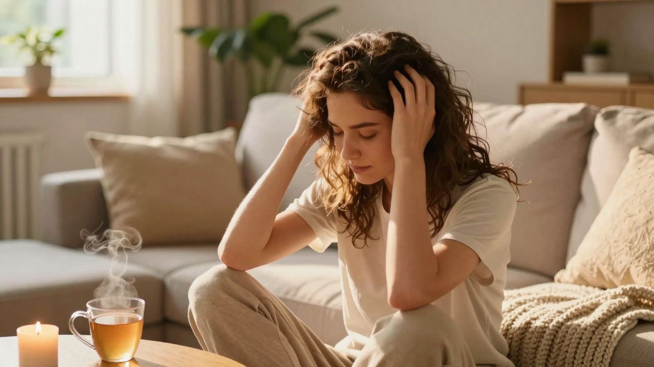 Mulher sentada no sofá com mãos na cabeça, chá quente e vela acesa numa sala acolhedora e iluminada.
