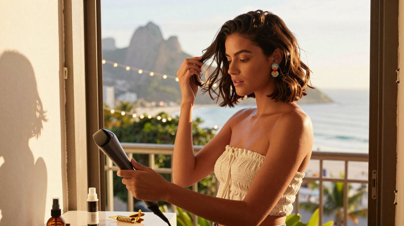 Mulher a alisar o cabelo com prancha numa varanda com vista para o mar ao pôr do sol.