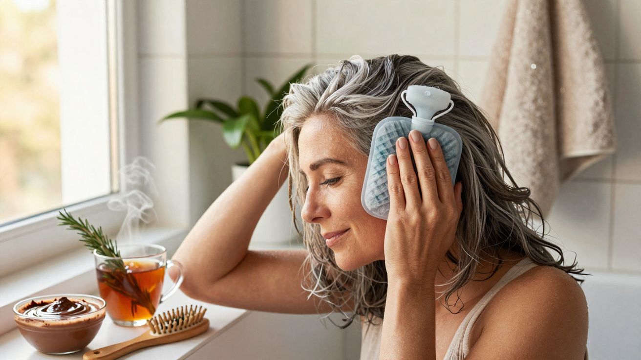 Mulher com cabelo cinza humedecido usa bolsa de água quente na cabeça sentada numa casa de banho.