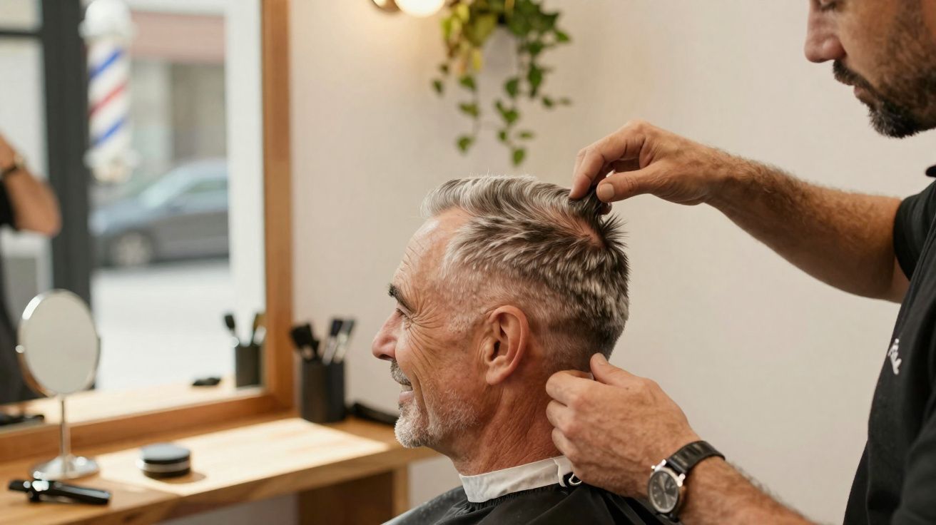 Homem sorridente a receber corte de cabelo num salão de barbearia moderno e iluminado.