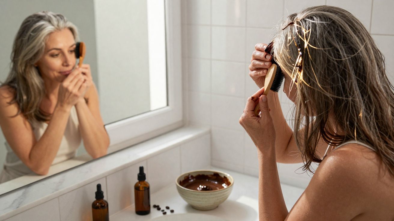 Mulher com cabelo grisalho a pentear-se em frente a um espelho num banheiro branco.