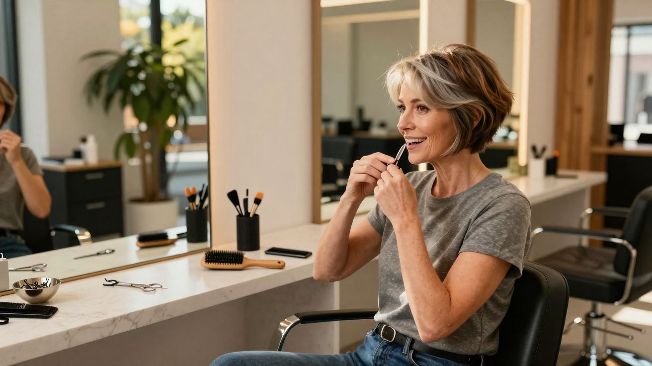 Mulher sorridente a aplicar maquilhagem num salão de beleza moderno com espelhos e cadeiras de cabeleireiro.