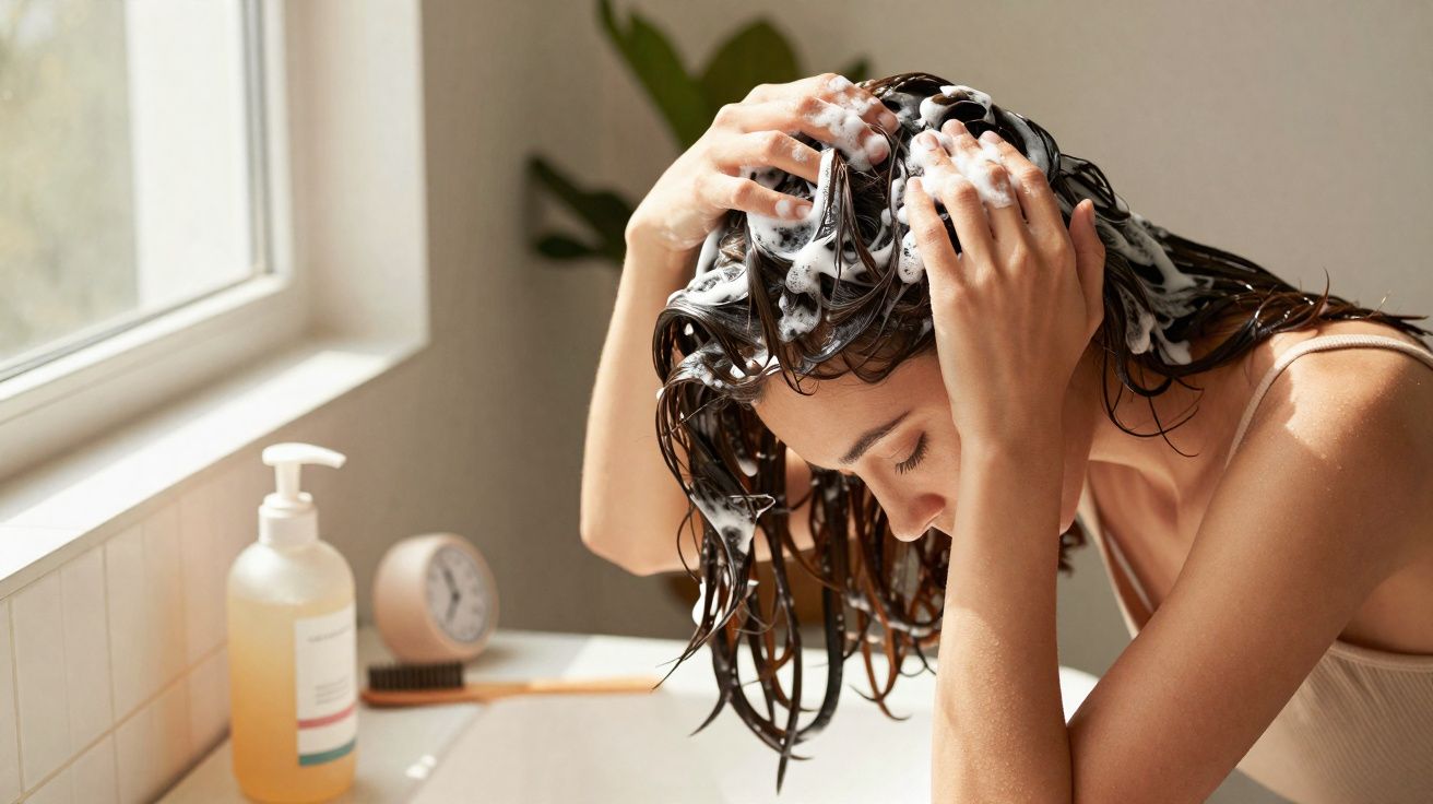 Mulher a lavar o cabelo com espuma de champô numa casa de banho iluminada pela luz natural.