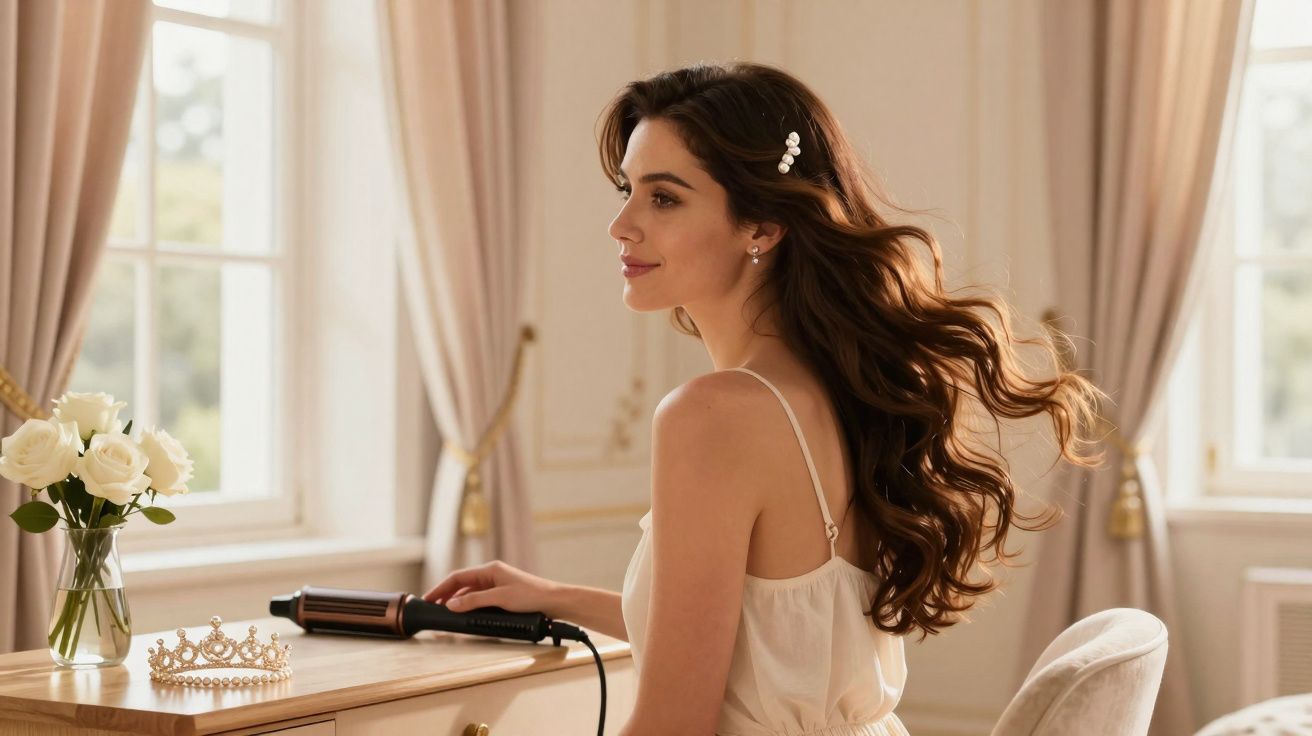 Mulher com vestido claro a usar modelador de cabelo sentada junto a uma mesa com coroa e jarro de rosas brancas.