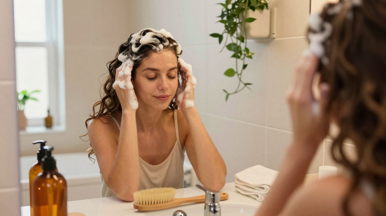 Mulher a lavar o cabelo com espuma num poliban, espelho e utensílios de higiene visíveis.