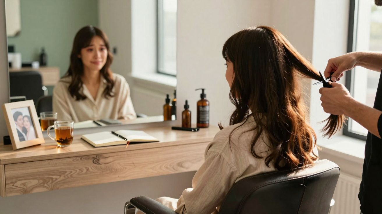 Mulher sentada num cabeleireiro a cortar o cabelo olhando para o espelho, com chá e fotografia na mesa.