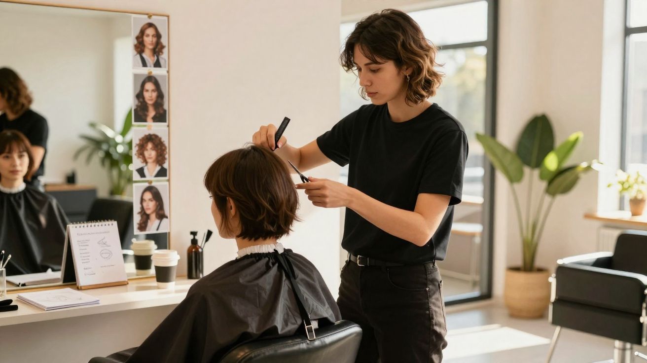 Cabeleireira a cortar o cabelo de uma cliente sentada numa cadeira num salão moderno e bem iluminado.
