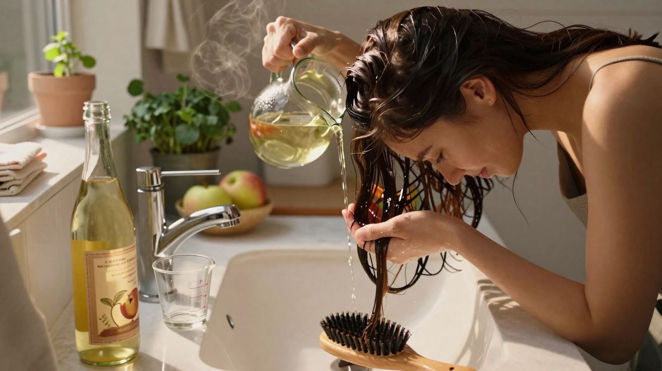 Mulher a derramar líquido quente sobre escova de cabelo sobre lavatório numa casa iluminada.