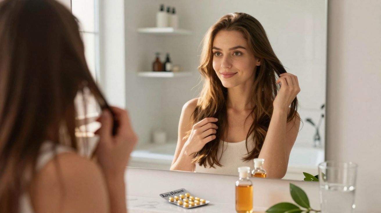 Mulher a olhar para espelho de casa de banho, com comprimidos e frascos de medicação no balcão.