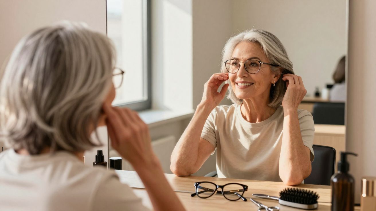 Mulher sénior a sorrir e a ajustar os brincos sentada perante um espelho numa mesa com utensílios de cuidado pessoal.