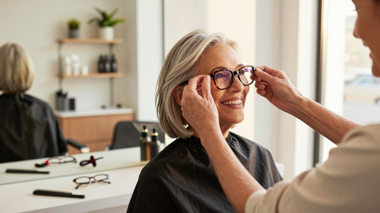 Pessoa a experimentar óculos novos numa loja de ótica, sorrindo enquanto é ajudada por outra.