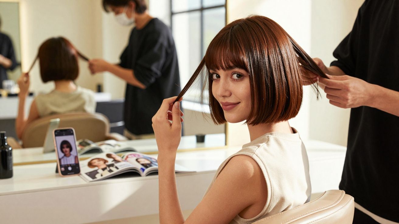 Mulher sorridente com cabelo curto a ser penteada num salão de cabeleireiro, com espelho e revista à frente.