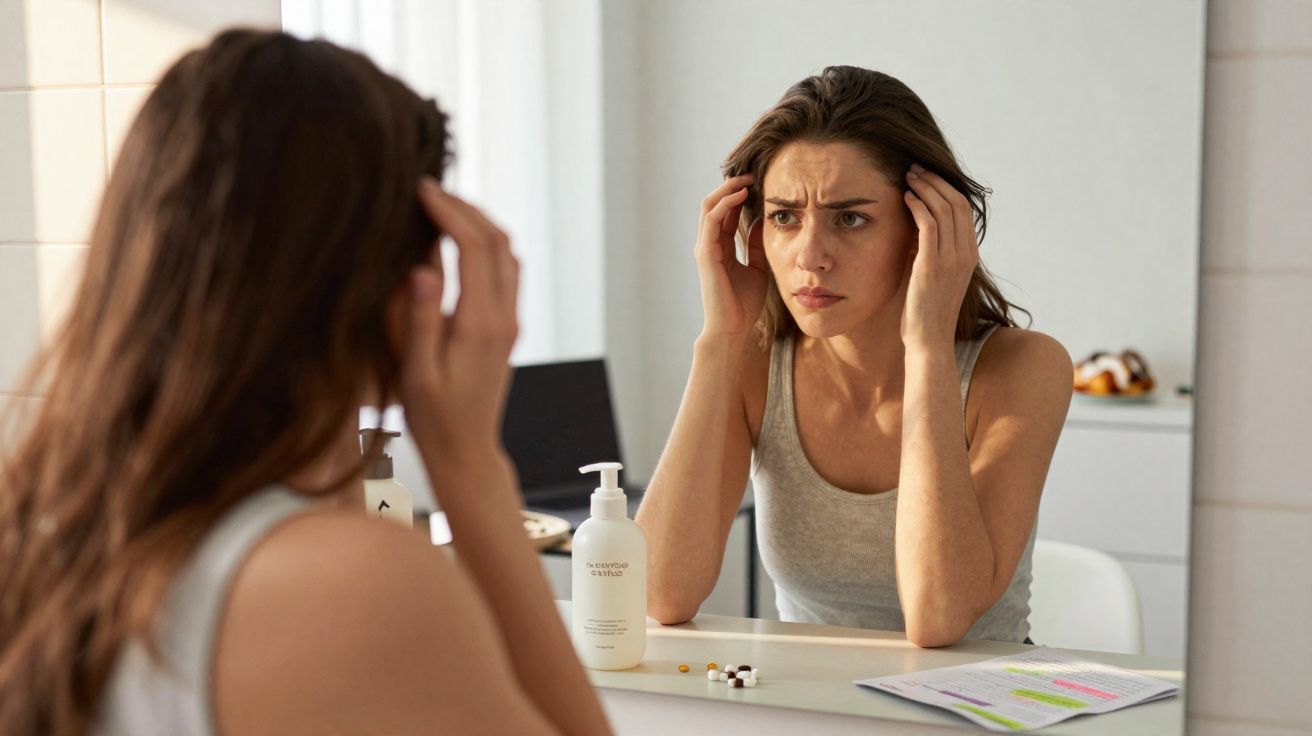 Mulher preocupada olha para o espelho, segurando a cabeça, com medicação e creme na bancada.