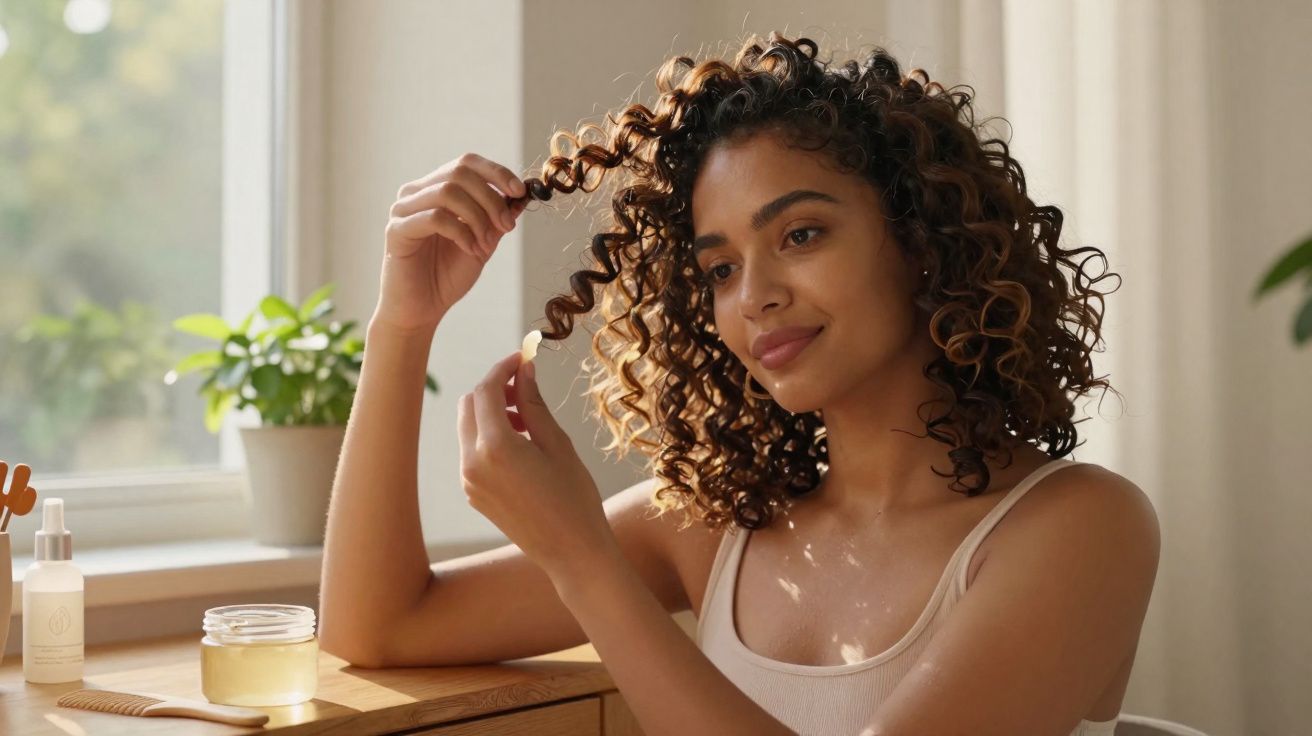 Jovem a cuidar dos seus cabelos encaracolados, segurando um caracol com as mãos junto a uma mesa com produtos capilares.