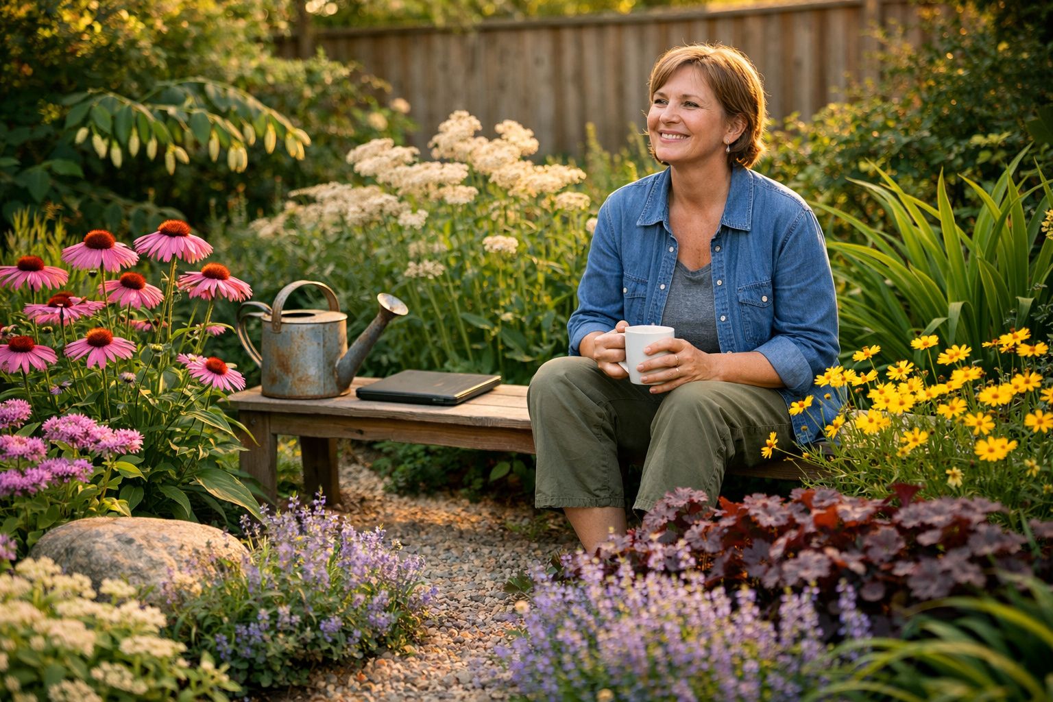 Mulher sorridente sentada num jardim colorido com flores, segura uma chávena e observa à distância.